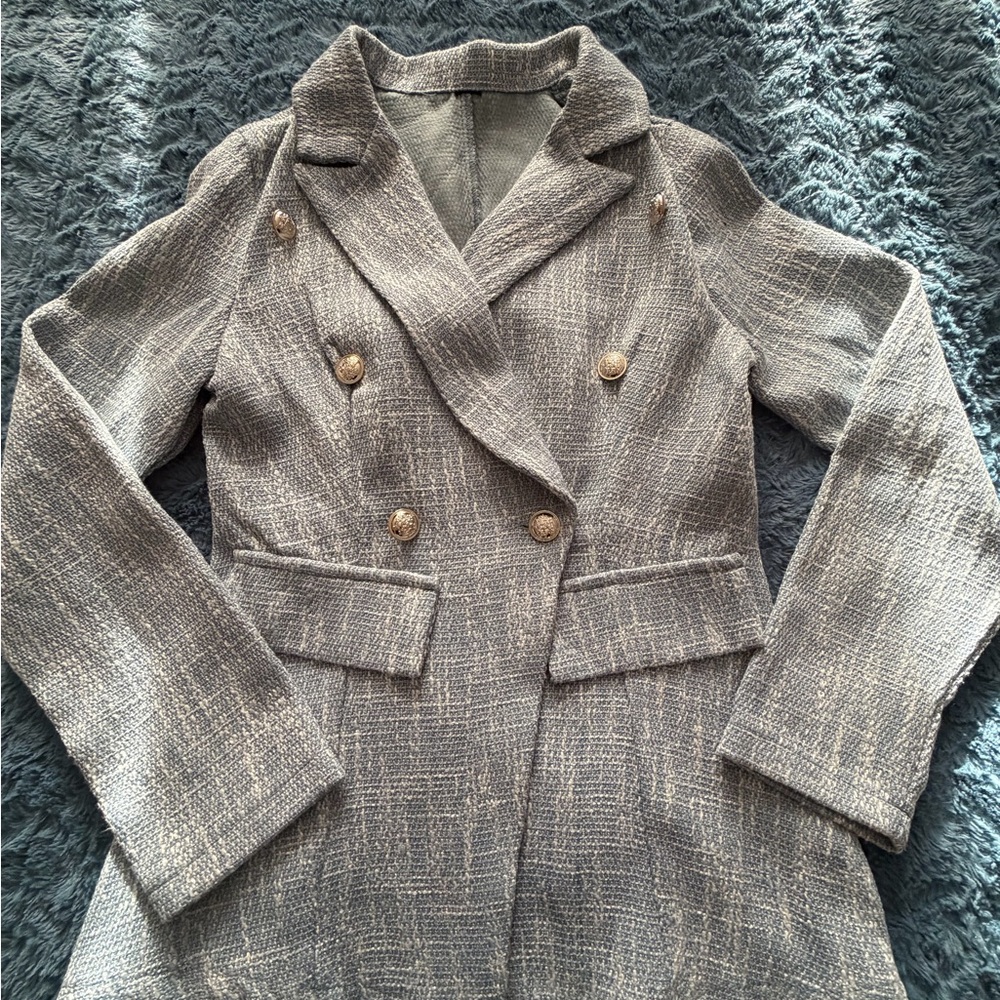 Womens Double-Breasted Textured Gray Coat